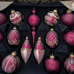 NEW! Elegant Designer 14 Piece Burgundy Gold Glass Christmas Ornaments Lot